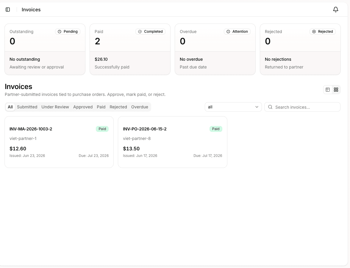 Aura partner invoices tied to purchase orders with status and amounts