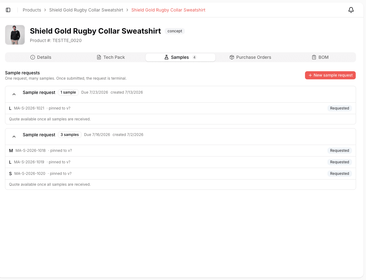 Aura sample requests tied to a style with status and due dates