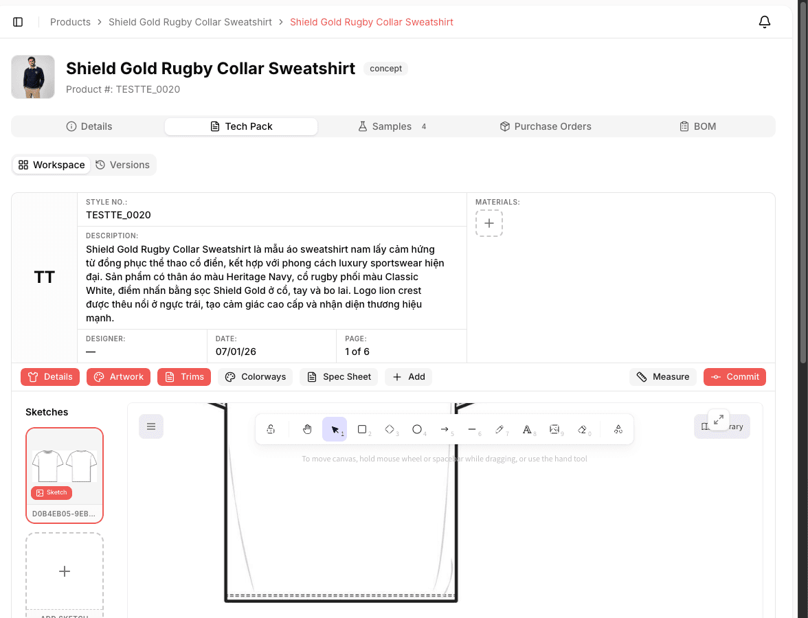 Aura tech pack workspace with sketches, materials, and versioned specs