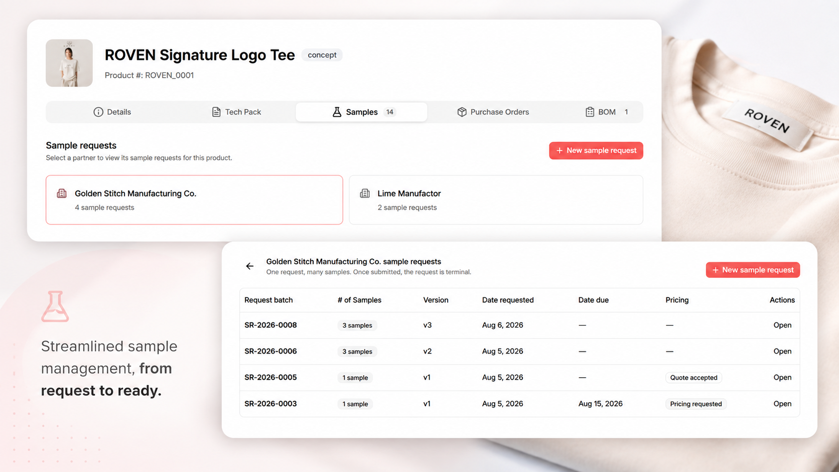 Aura sample requests tied to a style with status and due dates